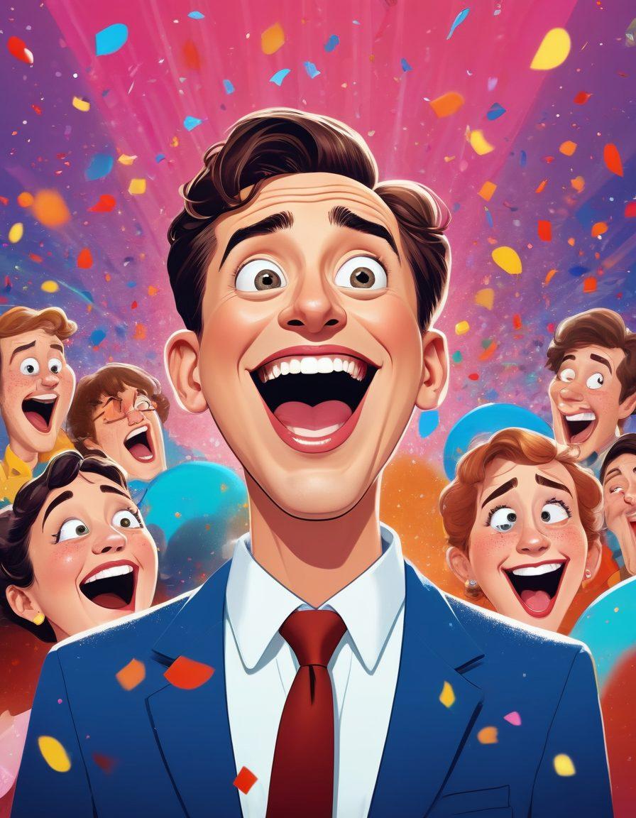 A whimsical cartoon scene featuring a jovial comedian on stage delivering bad jokes, with a laughing audience doubled over in hilarity. Adding colorful speech bubbles with funny one-liners and exaggerated facial expressions. Include a spotlight and vibrant confetti raining down to enhance the festive mood. playful illustration. bright colors. cheerful atmosphere.