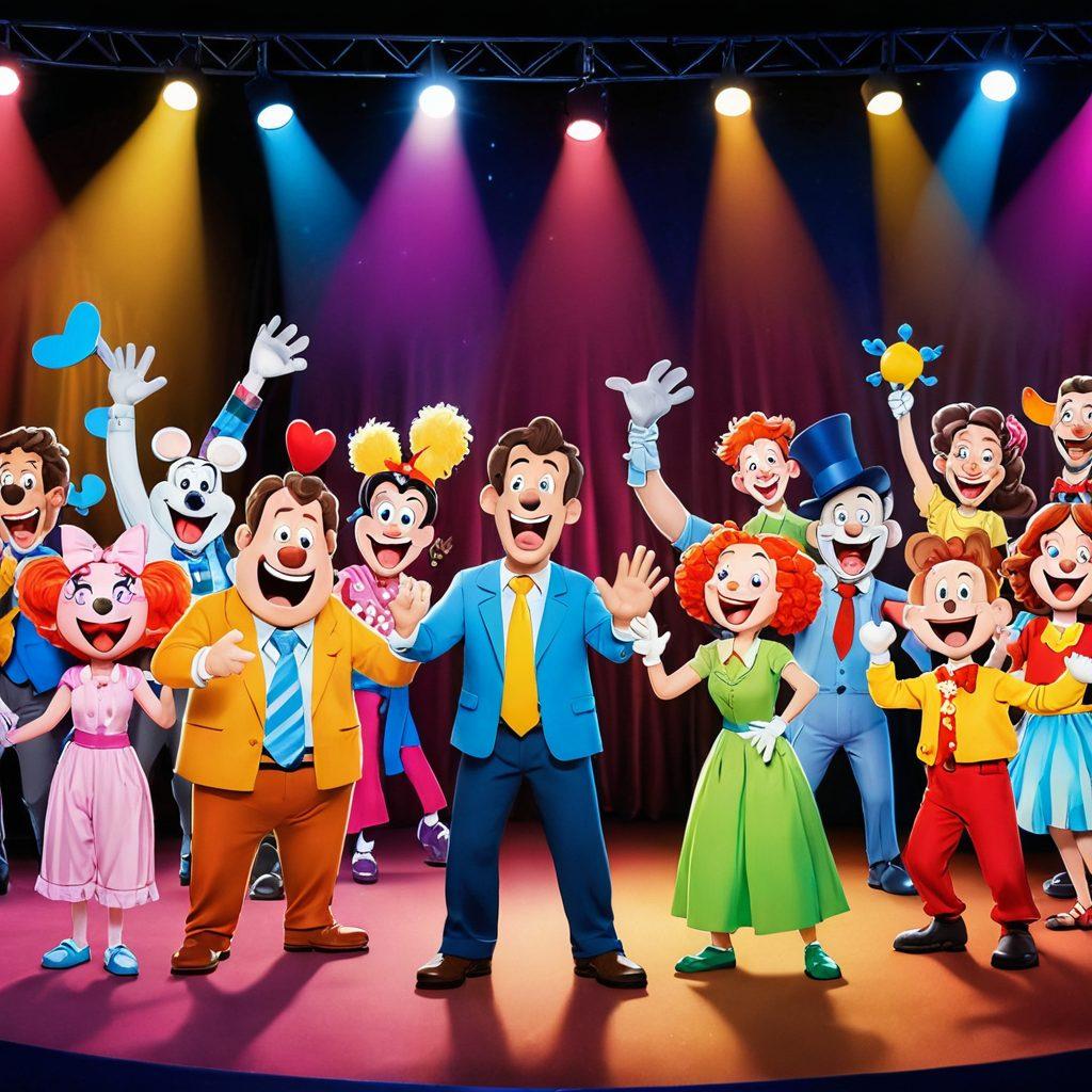 A lively stage setting with a microphone at center, surrounded by animated cartoon characters laughing and juggling colorful joke props, whimsical expressions highlighting absurdity and humor. The background showcases a dynamic audience in stitches, with bright spotlight effects casting a radiant glow. Bright, vibrant colors. cartoonish style.